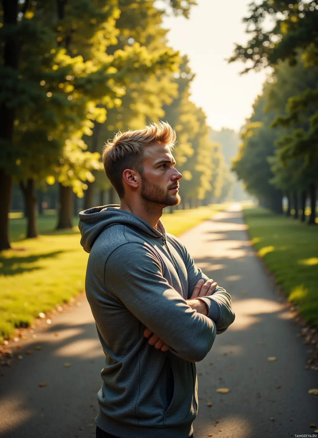 A man in a hoodie stands with arms crossed on a path lined with trees in a park.