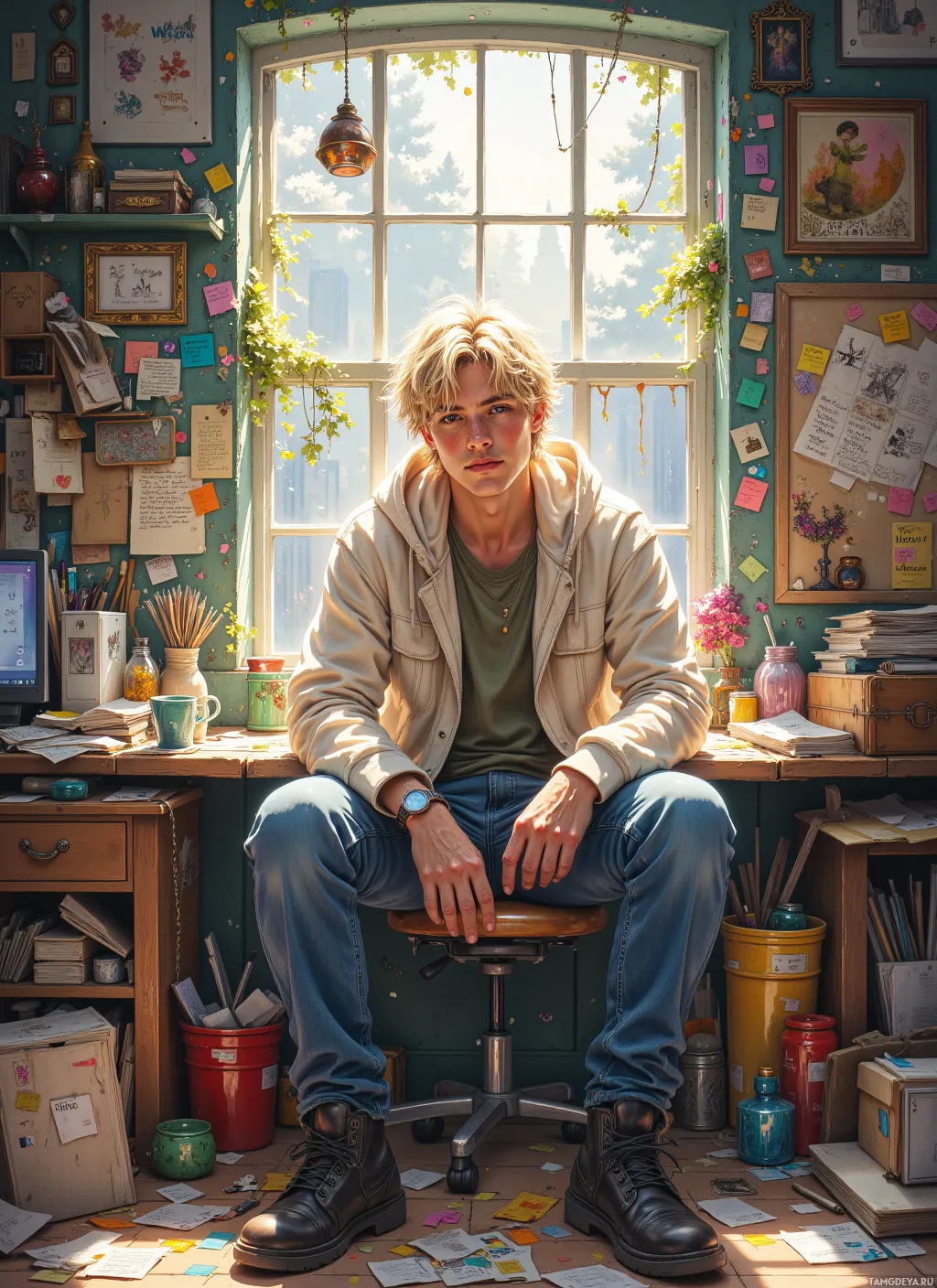 A person sits on a stool in a cluttered, artistic workspace with a window in the background.