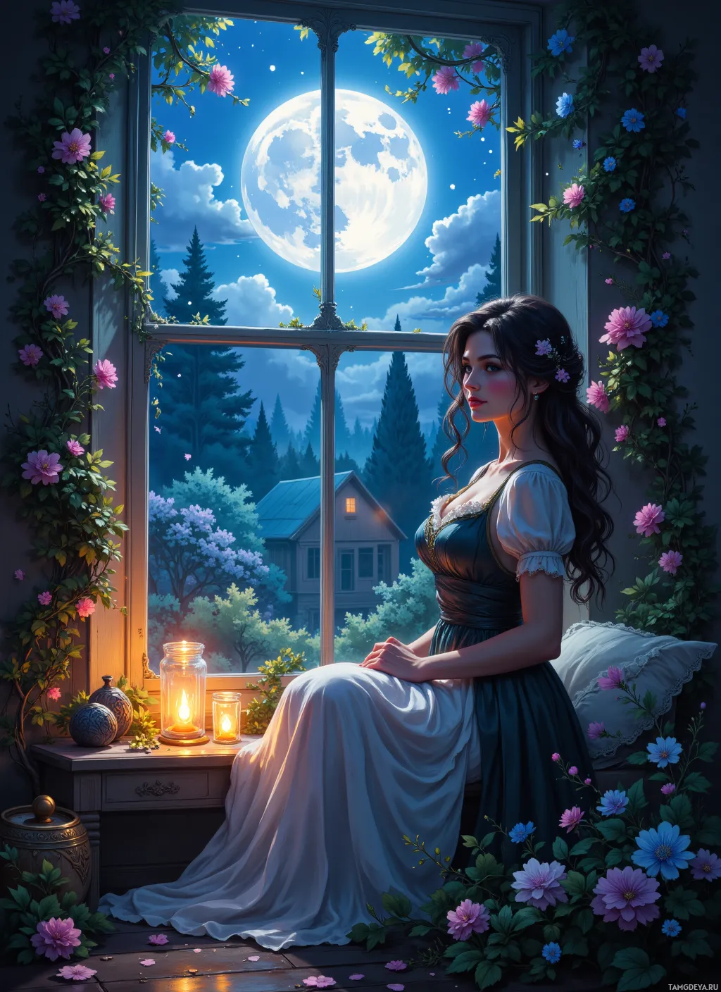 A woman sits by a window adorned with flowers, gazing at a night sky with a full moon and a house in the distance.