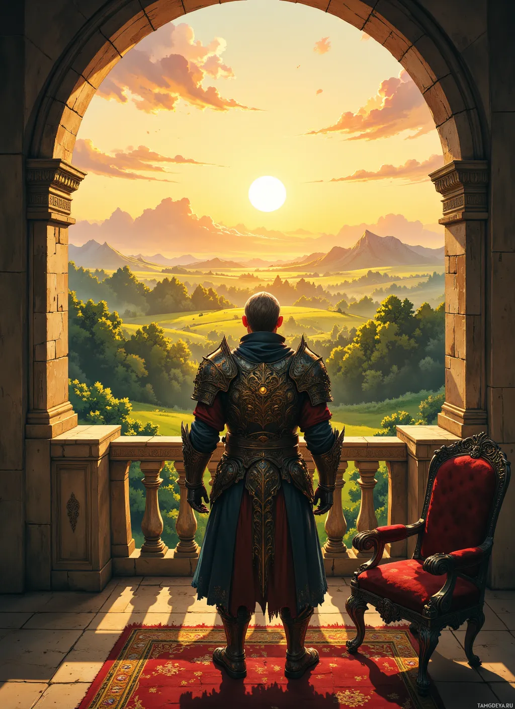 A knight in ornate armor stands on a balcony overlooking a lush landscape at sunset.