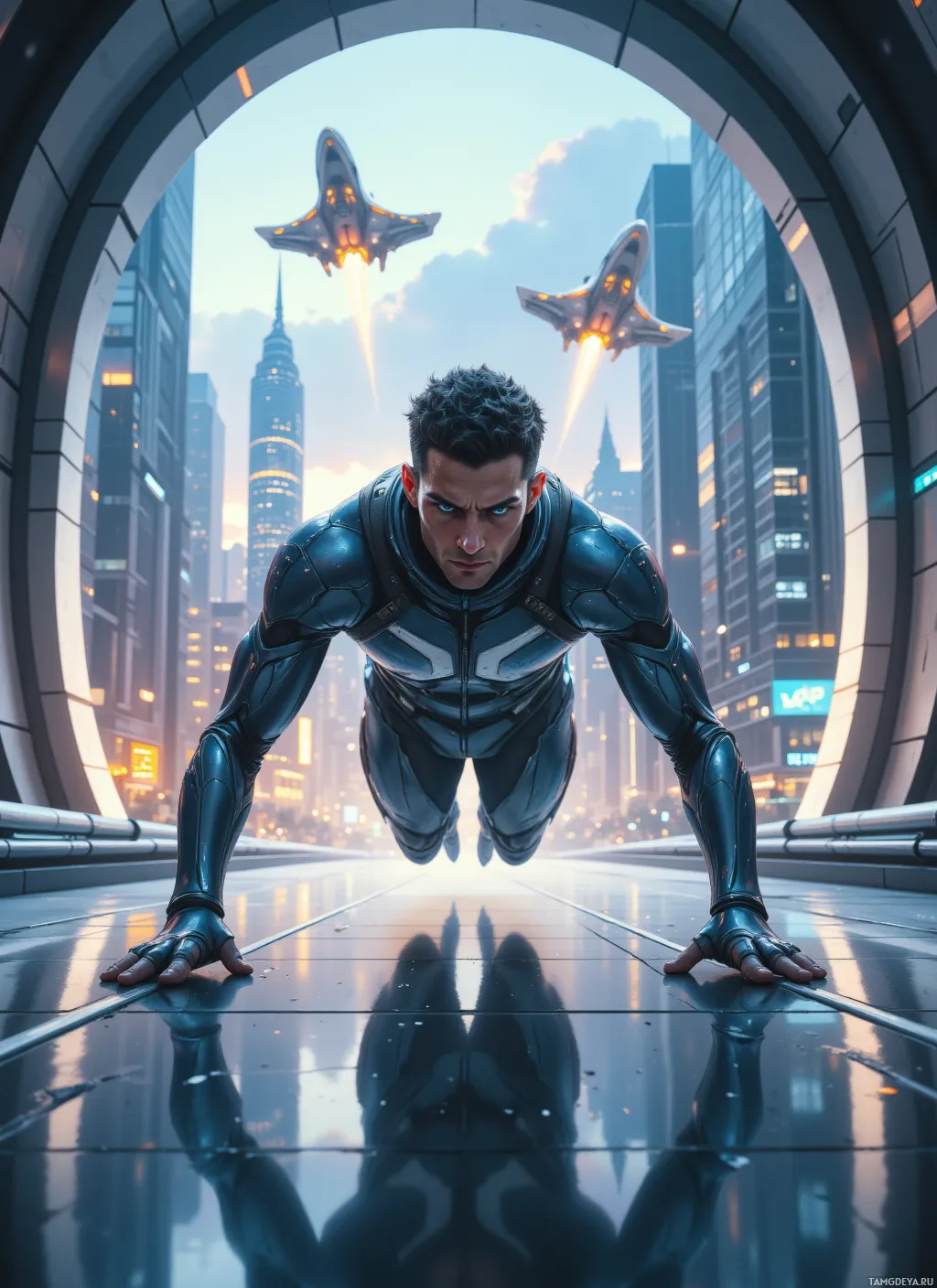 A futuristic character in a metallic suit stands in a tunnel with flying vehicles and a cityscape in the background.
