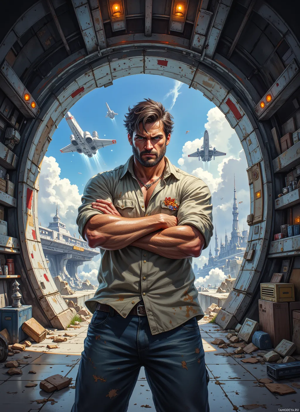 A rugged man stands with arms crossed in a futuristic, war-torn environment.