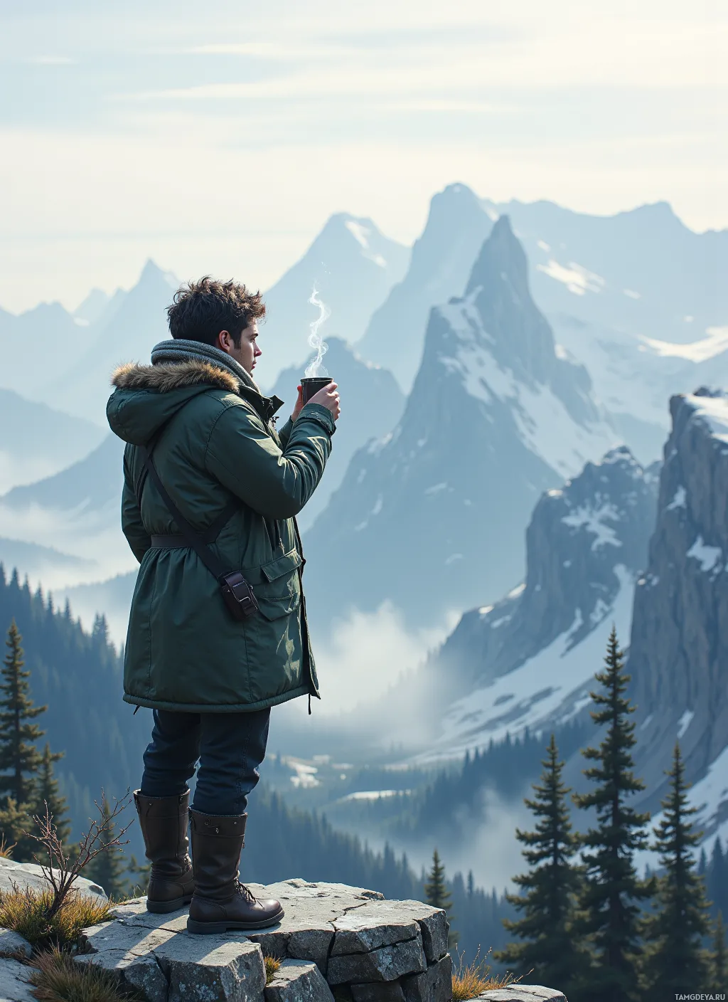 A person in a green jacket stands on a rocky outcrop, holding a steaming cup, overlooking a mountainous landscape.