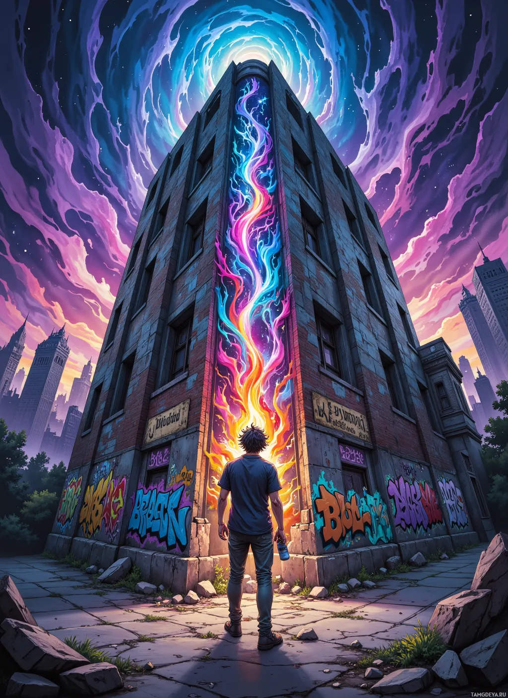 A person stands before a building with vibrant, colorful graffiti and a swirling, cosmic sky above.