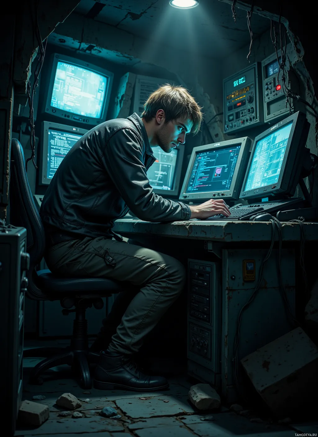 A person is seated at a desk in a dimly lit, industrial setting, working on a computer with multiple monitors displaying code and data.