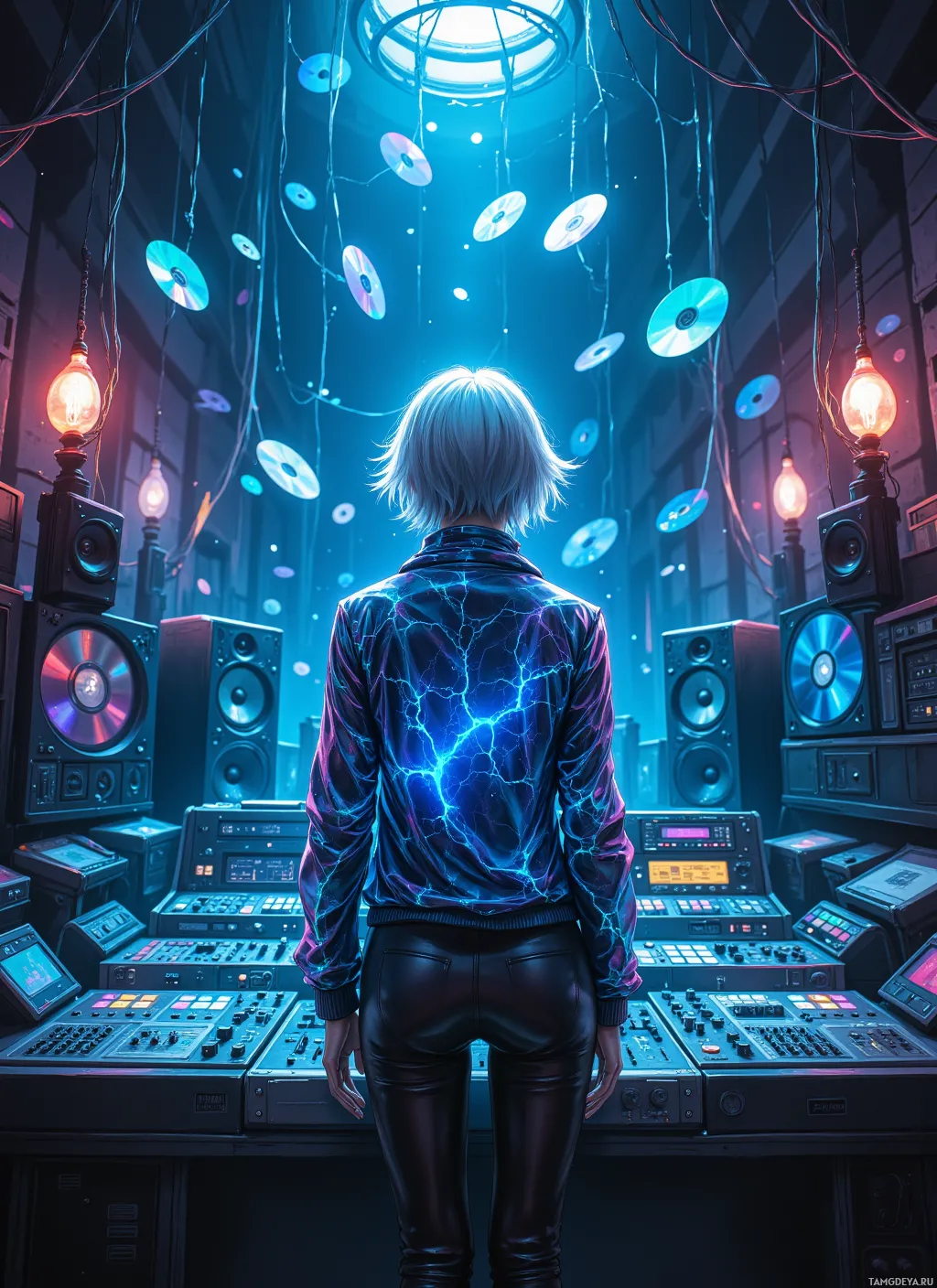 A person stands in a futuristic, neon-lit room filled with audio equipment and hanging CDs.