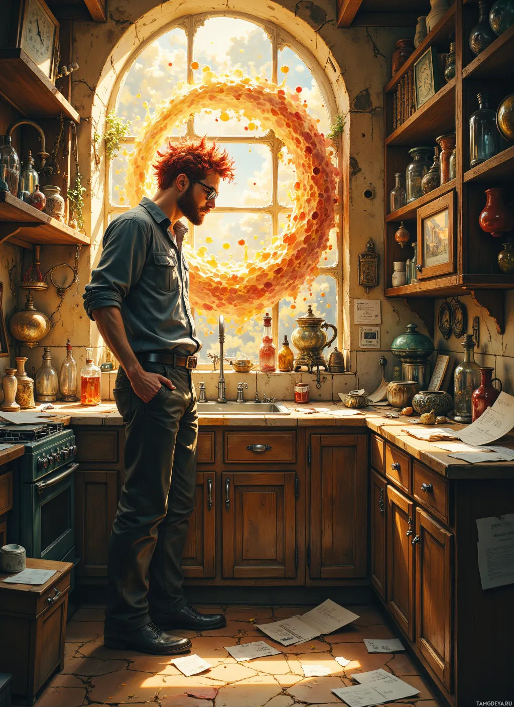 A man stands in a sunlit, cluttered kitchen with a swirling, colorful vortex of light above the sink.