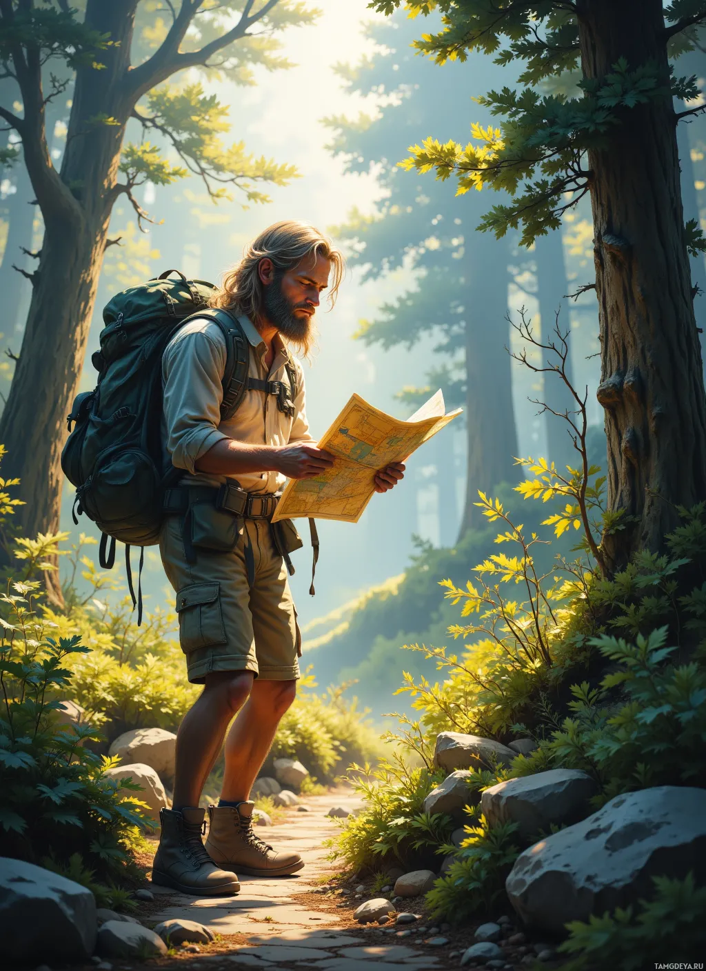A hiker stands on a forest path, reading a map with sunlight filtering through the trees.