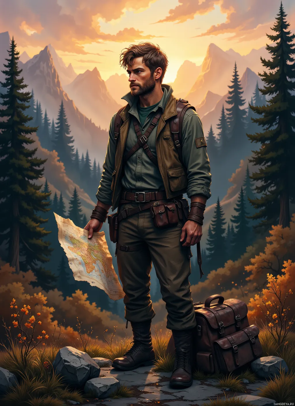 A man in outdoor gear stands in a forested landscape, holding a map and looking off into the distance.