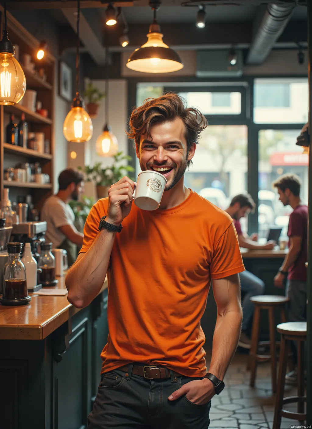 A man in an orange shirt smiles while holding a coffee cup in a cozy café setting.