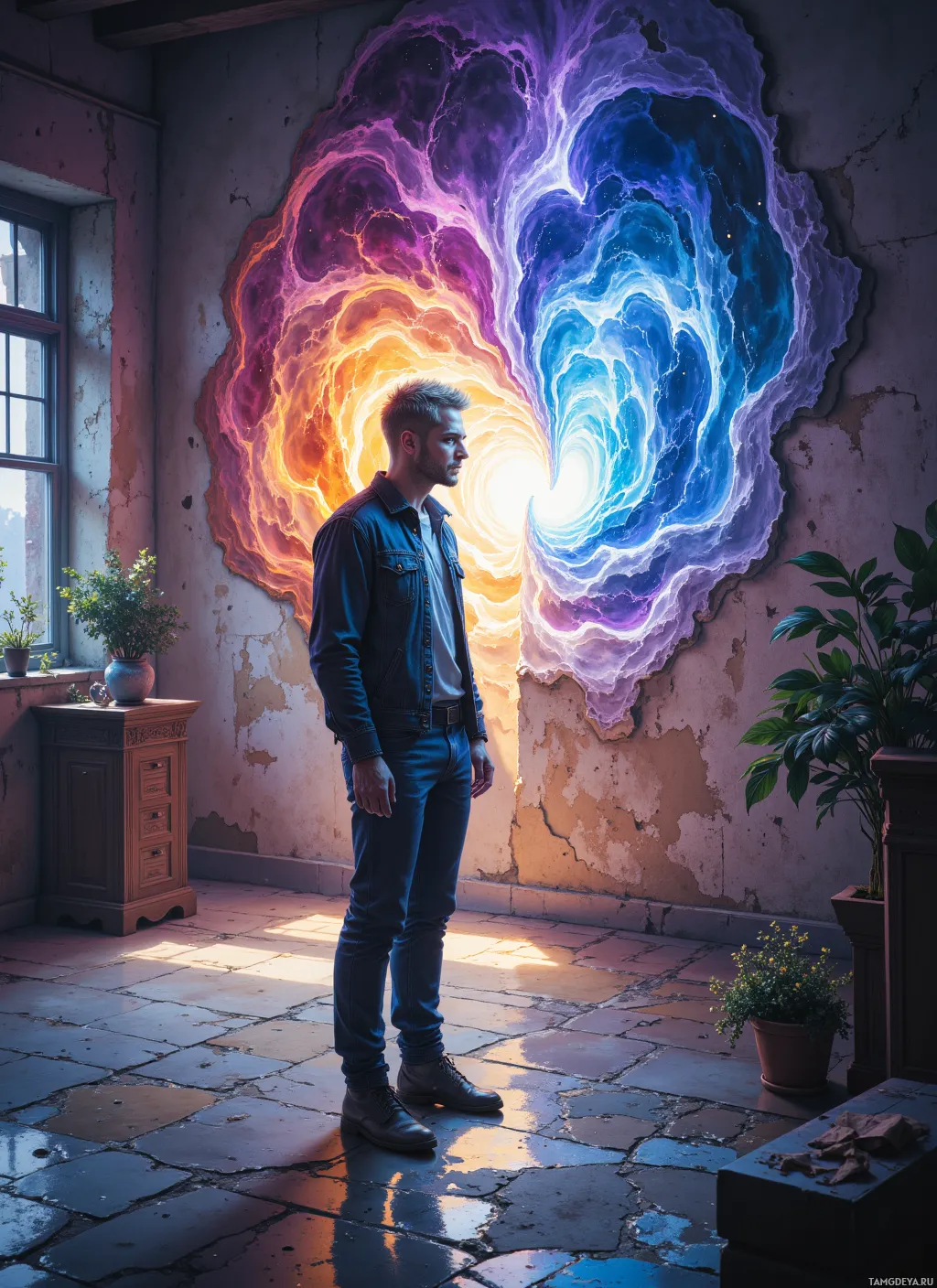 A man stands in a room with a large, colorful cosmic portal on the wall.