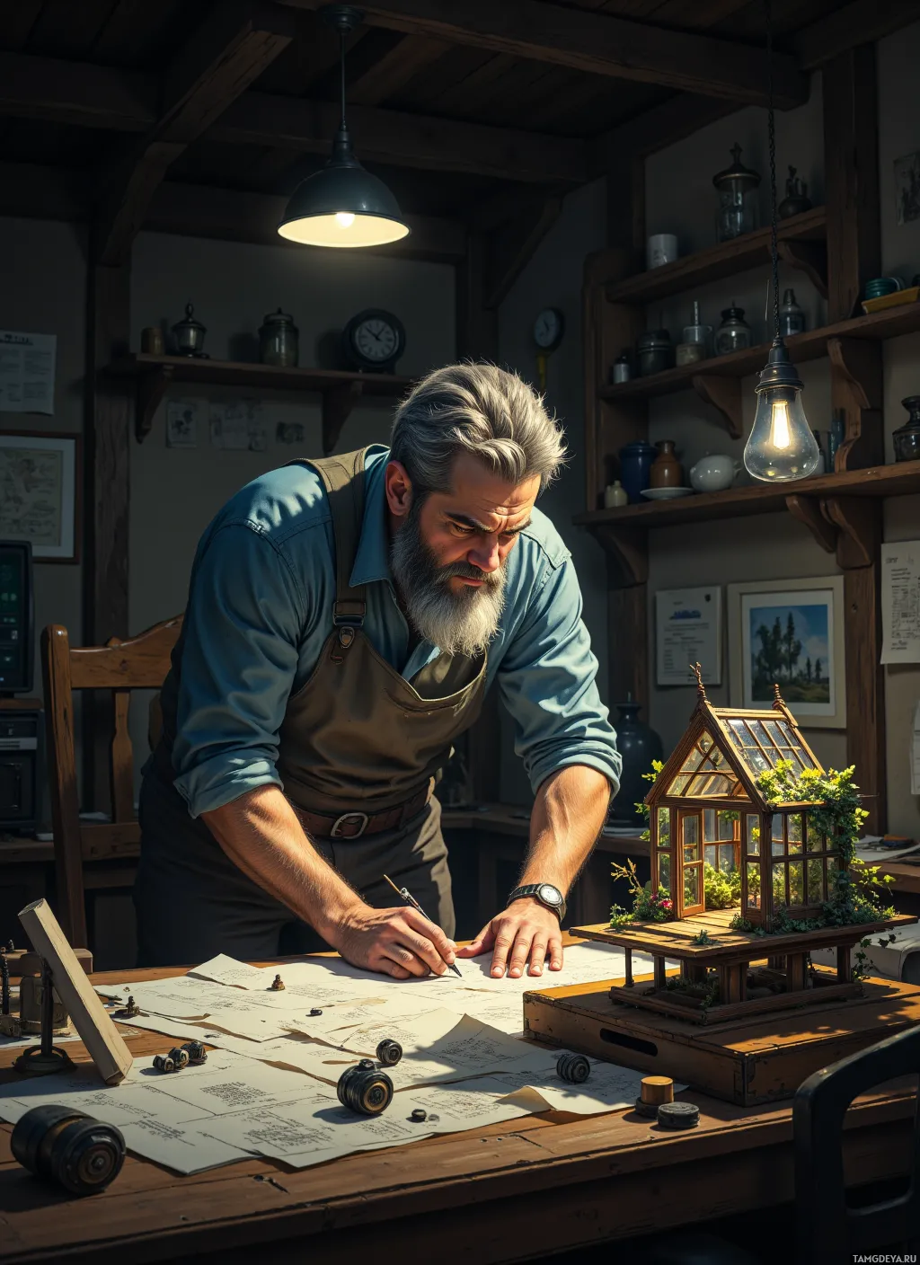 A man with a beard and apron is working on a model greenhouse in a workshop.