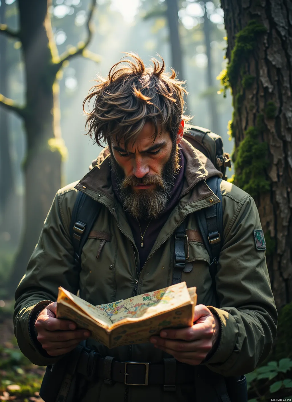 A man in a forest, wearing a backpack and jacket, reads a map.