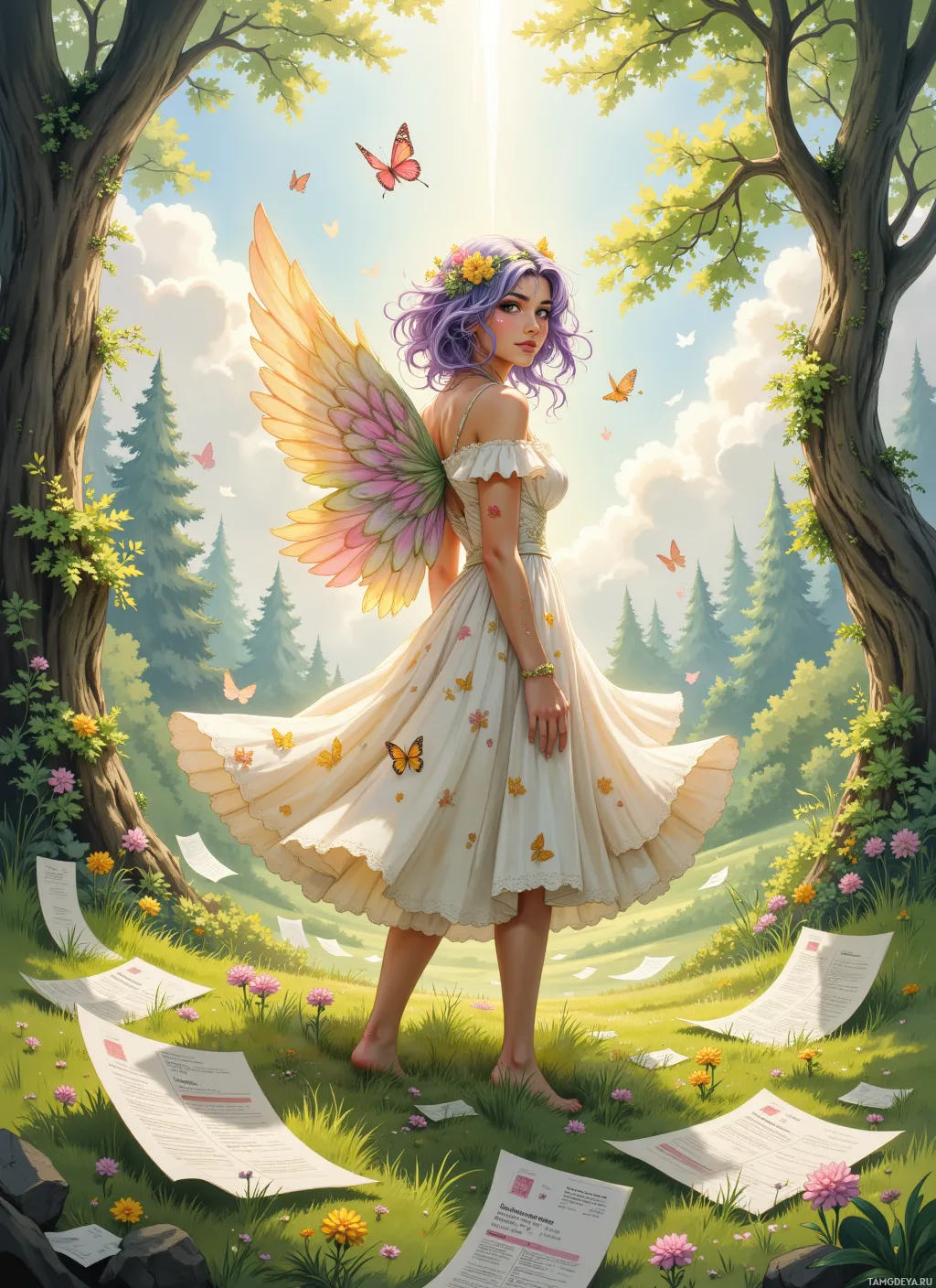 A fairy with purple hair and wings stands in a forest clearing surrounded by butterflies and floating papers.