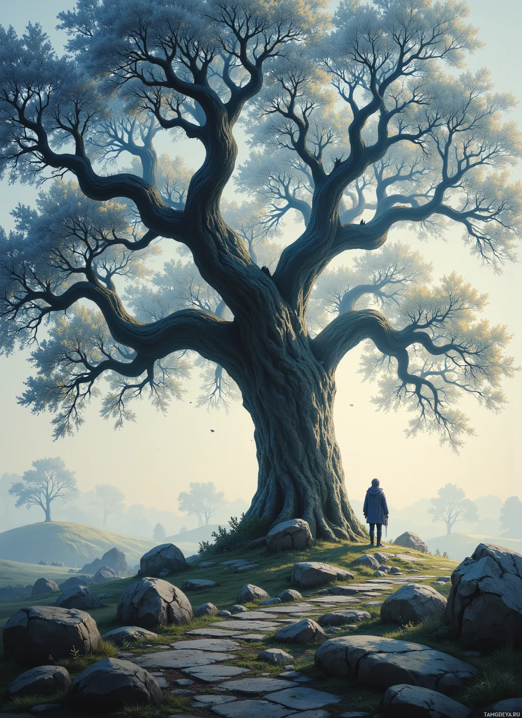 A lone figure stands beneath a majestic, ancient tree in a serene, misty landscape.