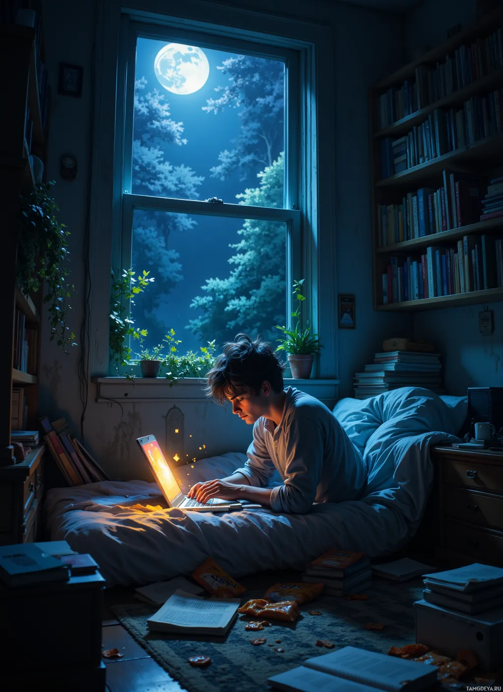 A person is lying on a bed, using a laptop under a moonlit window with bookshelves in the background.