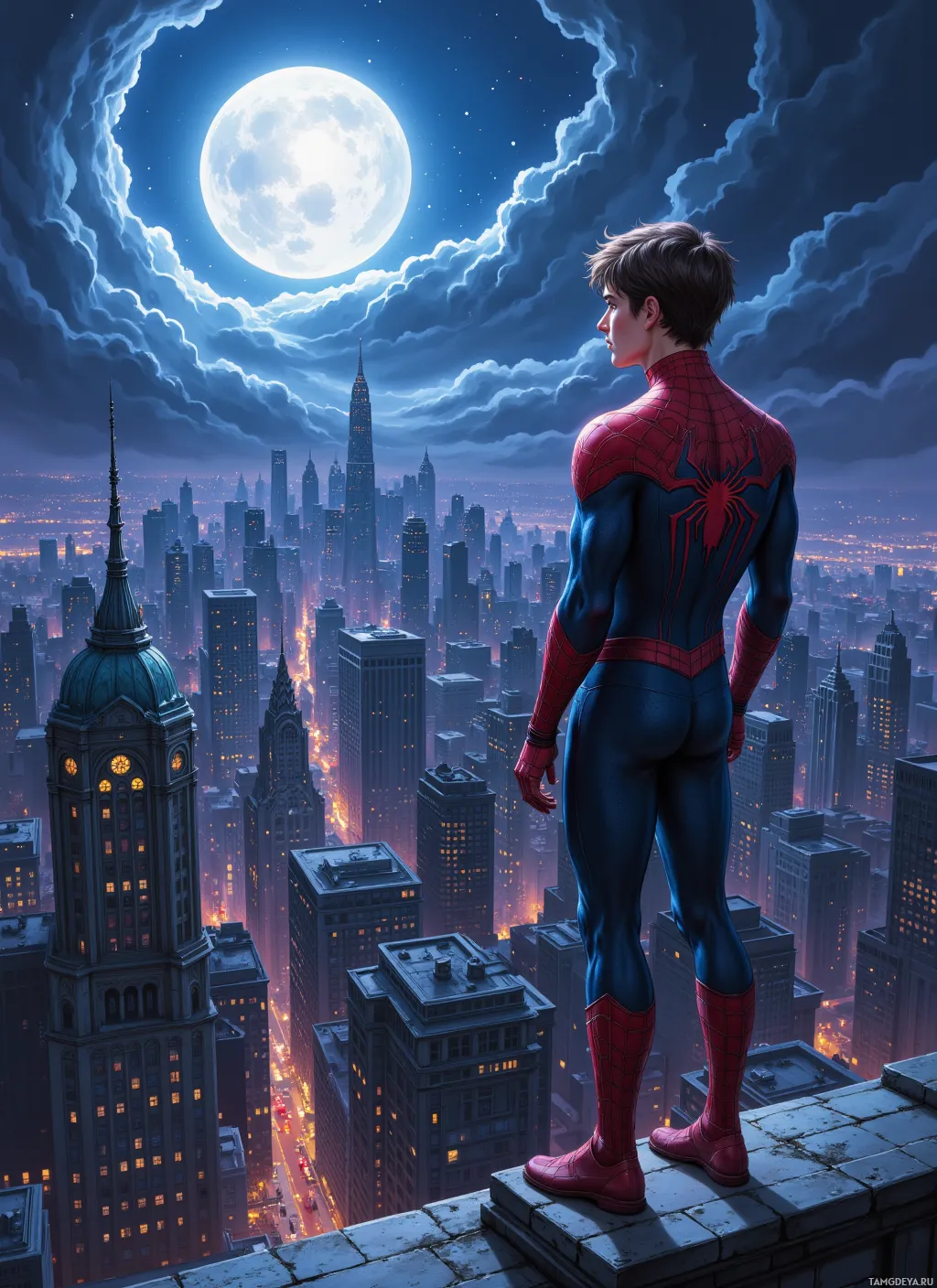 A superhero stands on a rooftop overlooking a cityscape under a full moon.