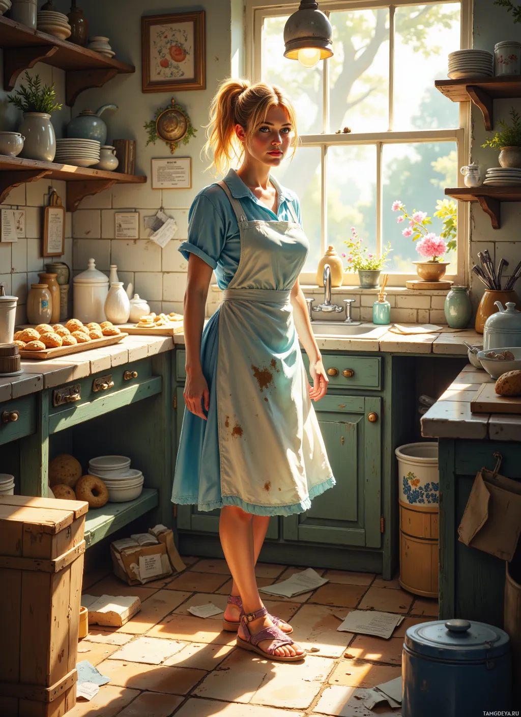 A woman in a blue dress stands in a sunlit kitchen with vintage decor.