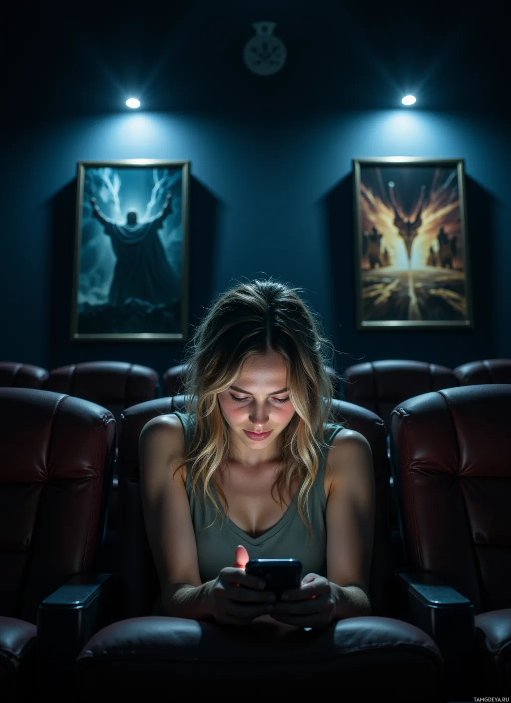 A woman sits in a dimly lit cinema, focused on her phone.