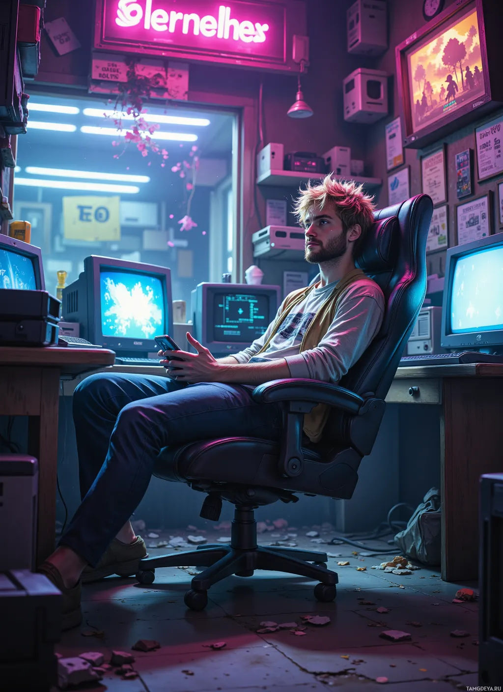 A person sits in a gaming chair in a dimly lit room with retro computer monitors and neon signage.