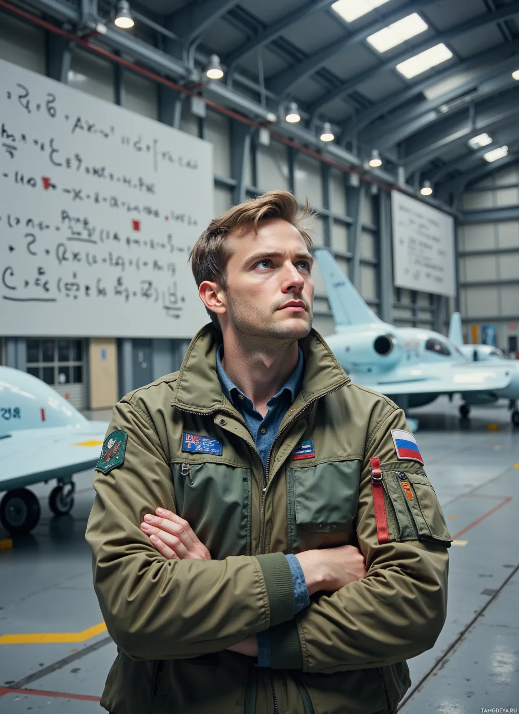 A man in a military-style jacket stands in a hangar with aircraft and a whiteboard in the background.