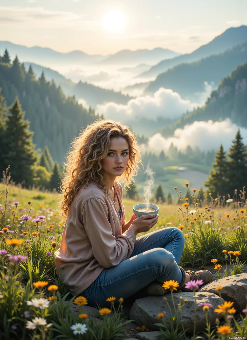 A woman sits on rocks amidst wildflowers, holding a steaming cup, with misty mountains in the background.