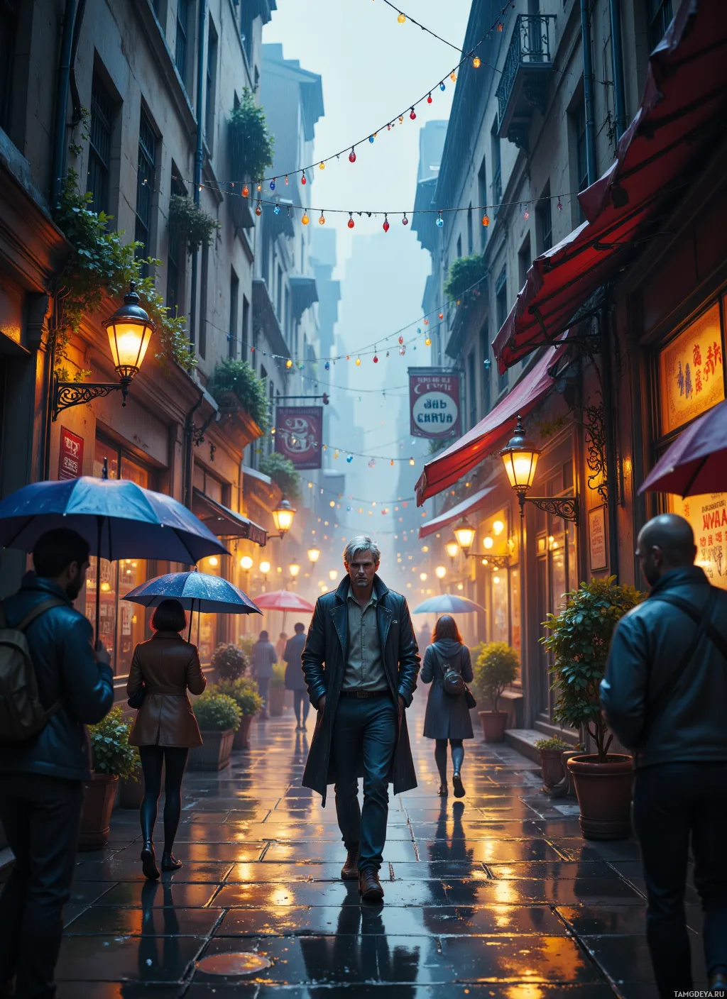 A rainy street scene with people walking under umbrellas, illuminated by street lamps and festive string lights.