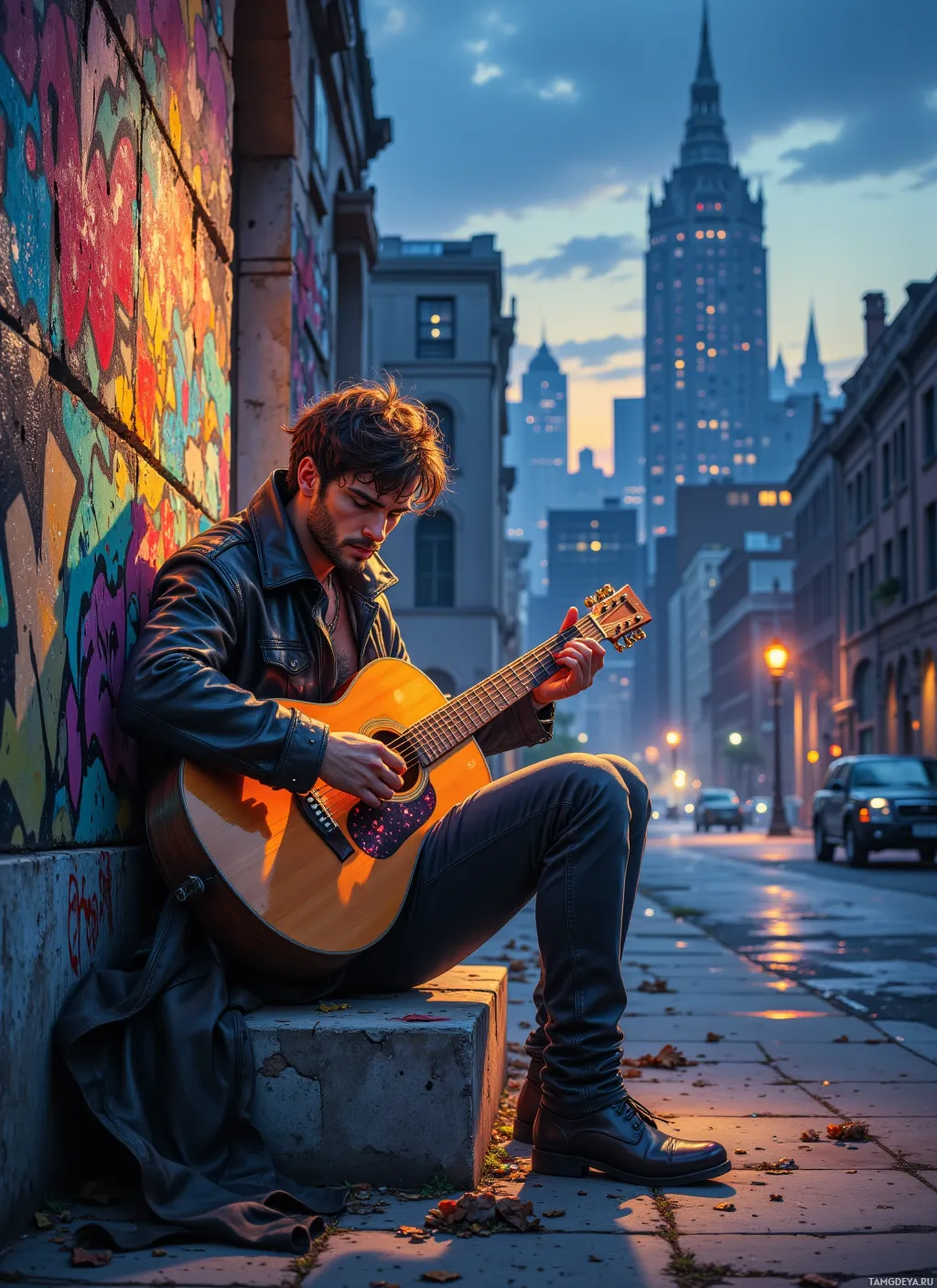 A man sits on a ledge playing a guitar on a city street at dusk.