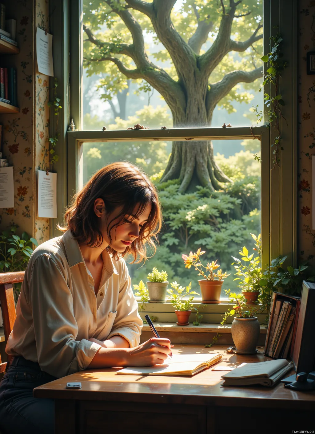 A woman sits at a desk by a window, writing in a notebook with a tree visible outside.