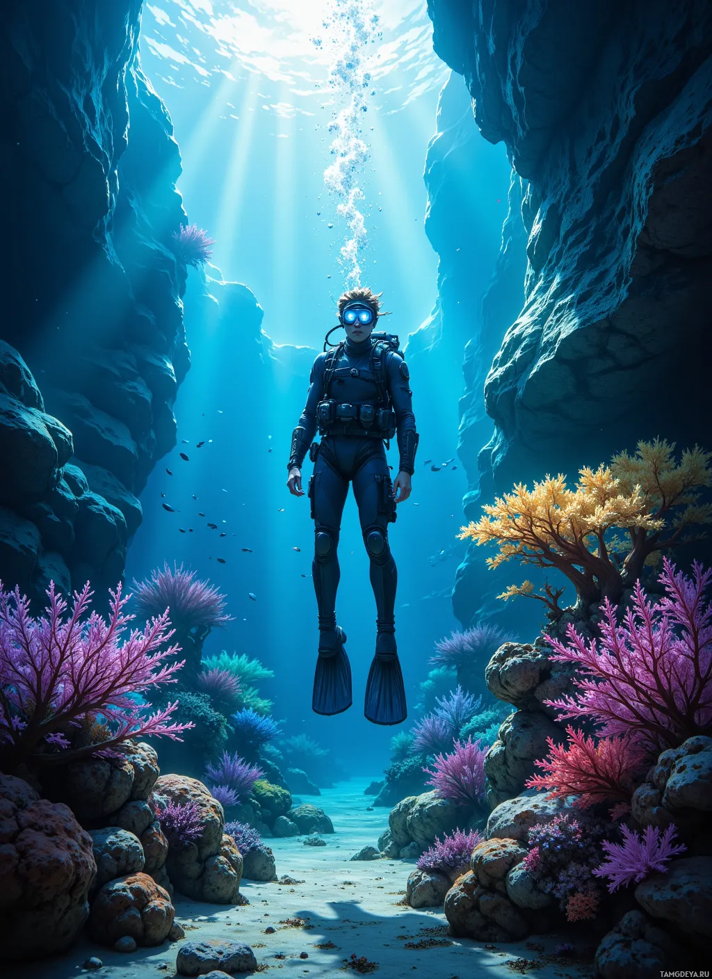 A scuba diver explores a vibrant underwater cave with colorful corals and sunlight filtering through the water.