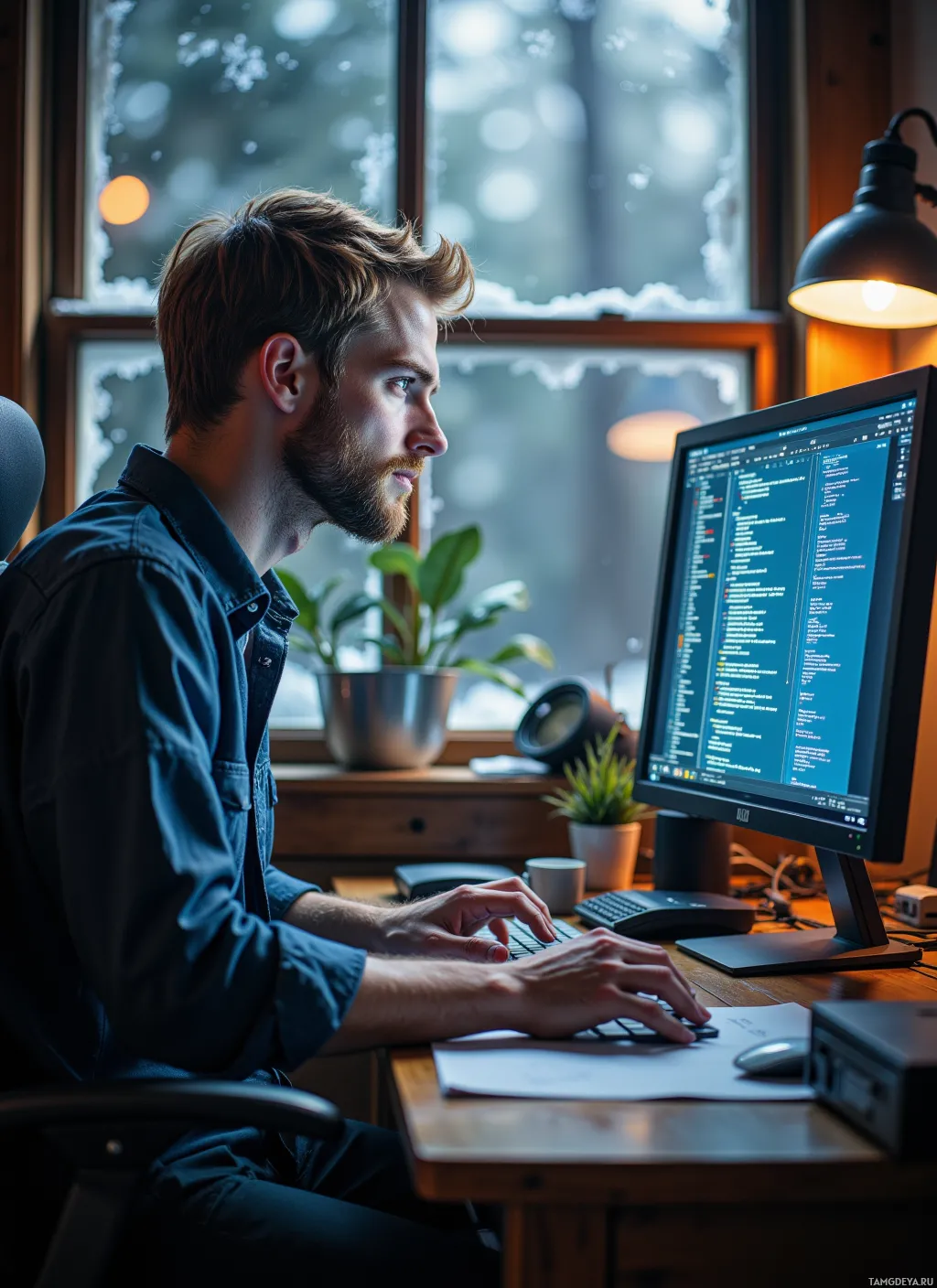 A person is working at a desk with a computer, typing on a keyboard.