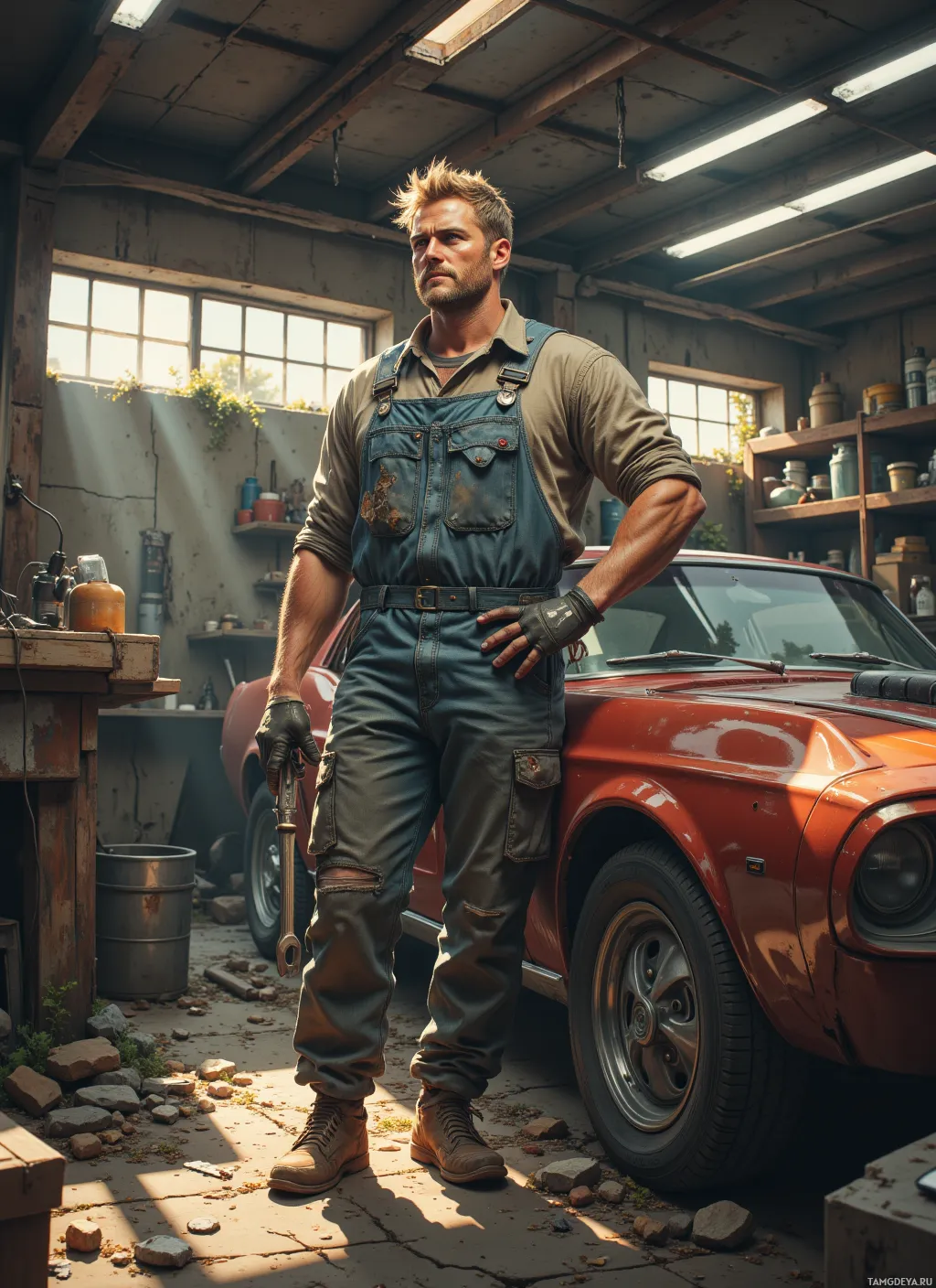 A man in overalls stands in a garage, leaning against a car, holding a wrench.