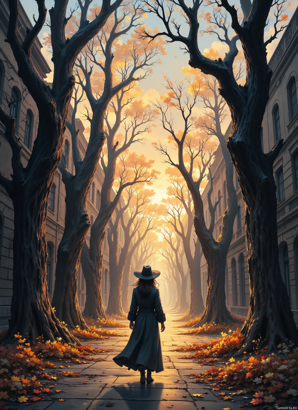 A solitary figure in a long coat and hat walks down a tree-lined path in autumn, bathed in the warm glow of sunset.