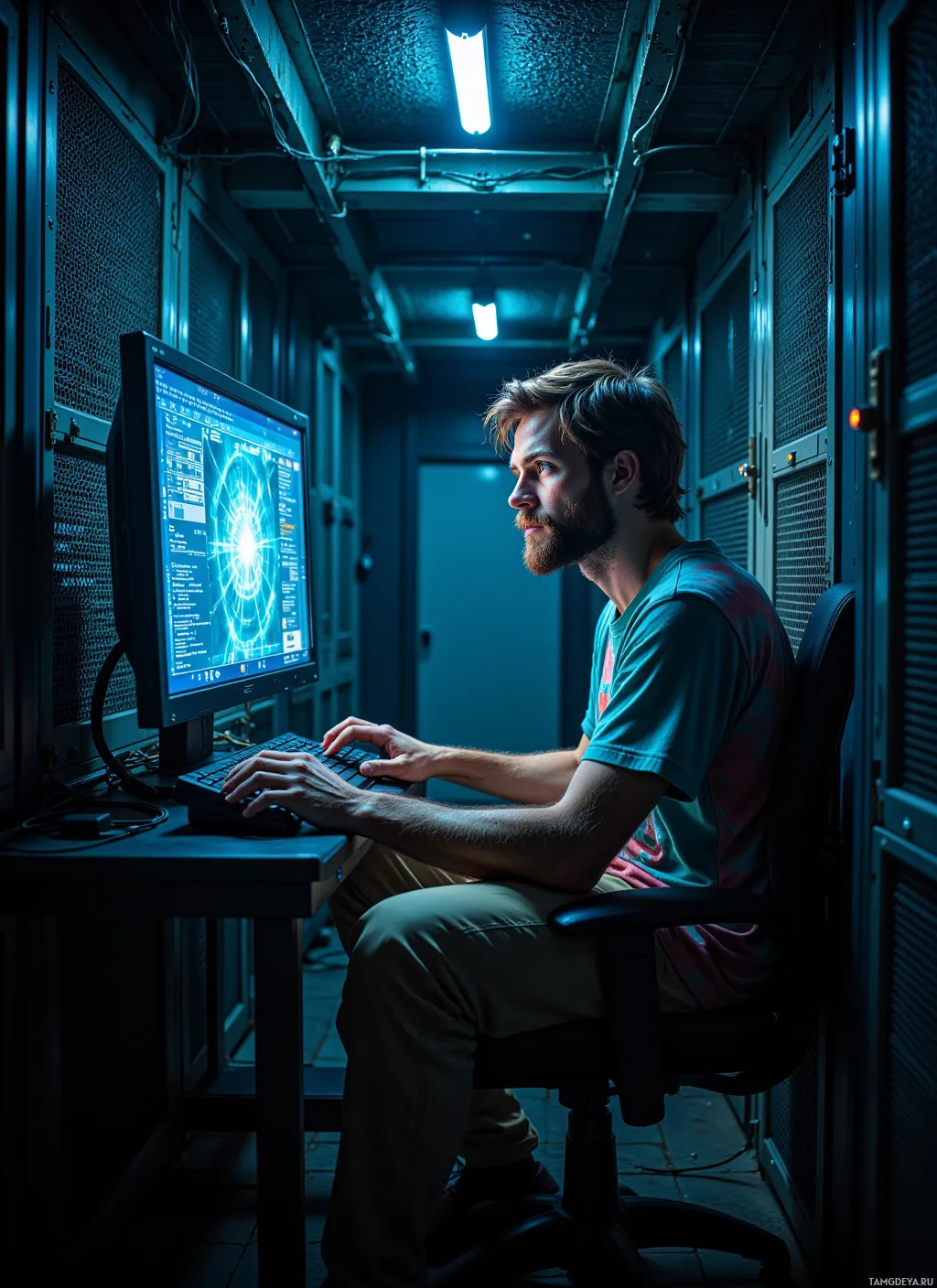 A person is seated in a dimly lit room, working on a computer with a glowing screen.