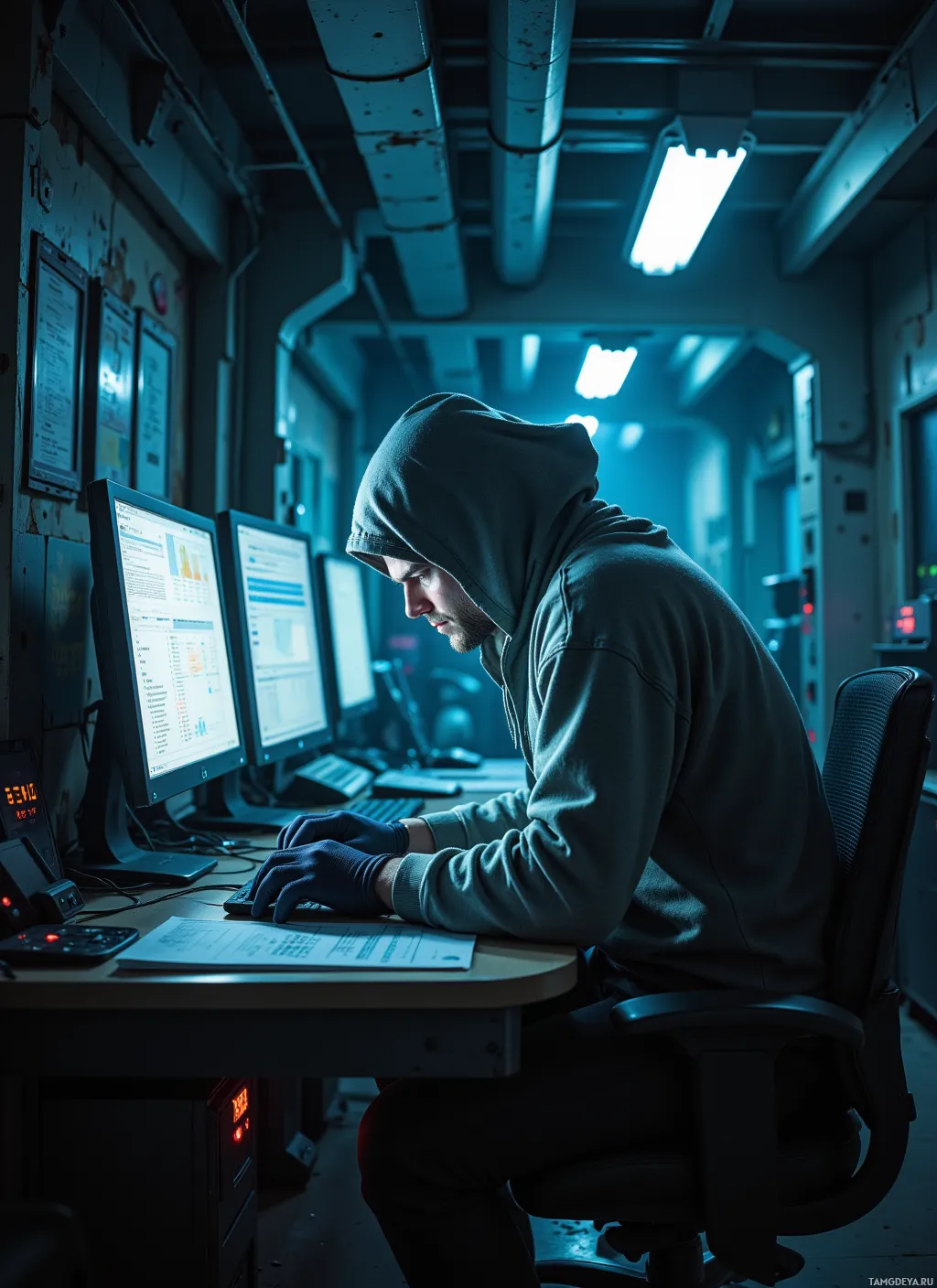 A person in a hoodie works at a desk with multiple computer monitors in a dimly lit room.
