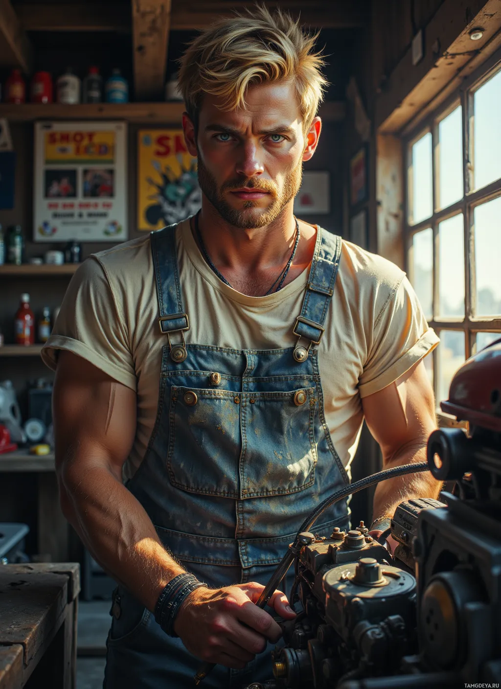 A man in a workshop wearing overalls and a t-shirt, working on a mechanical engine.