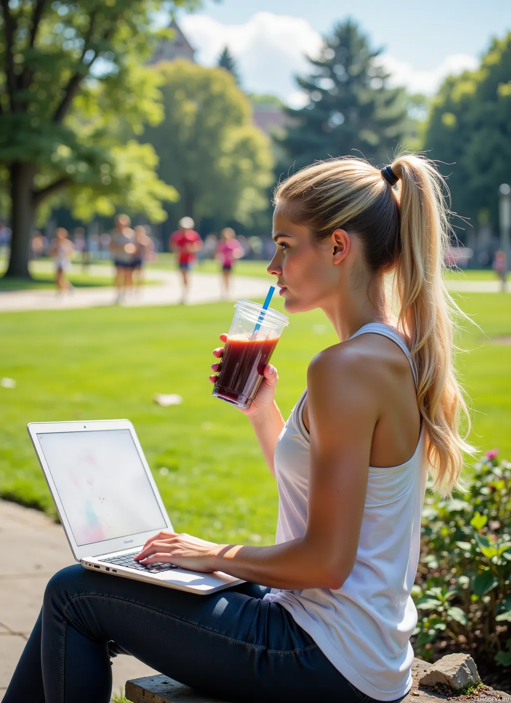 A woman sits on a bench in a park, drinking from a cup and using a laptop.