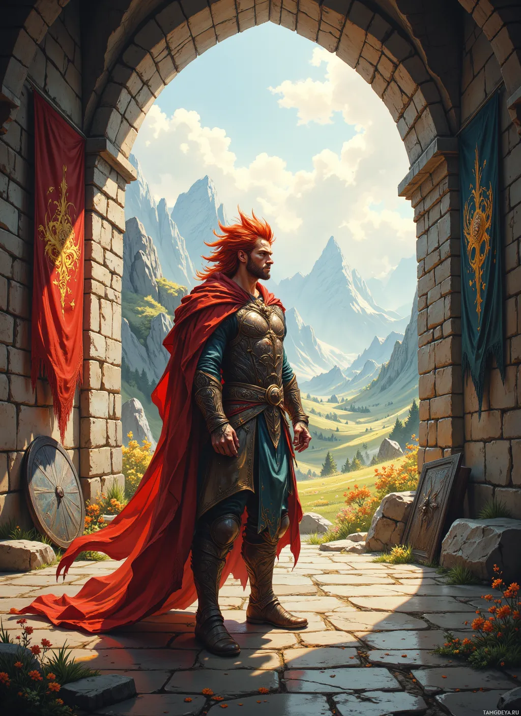 A knight in armor stands at a stone archway, with banners and a scenic mountain landscape in the background.