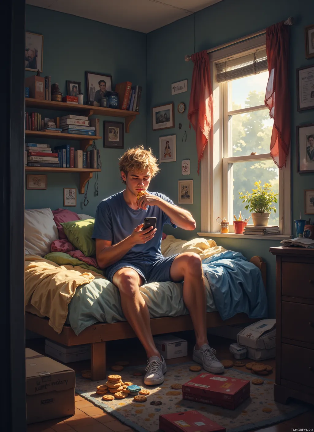 A young man sits on a bed in a cozy bedroom, eating a snack and looking at his phone.