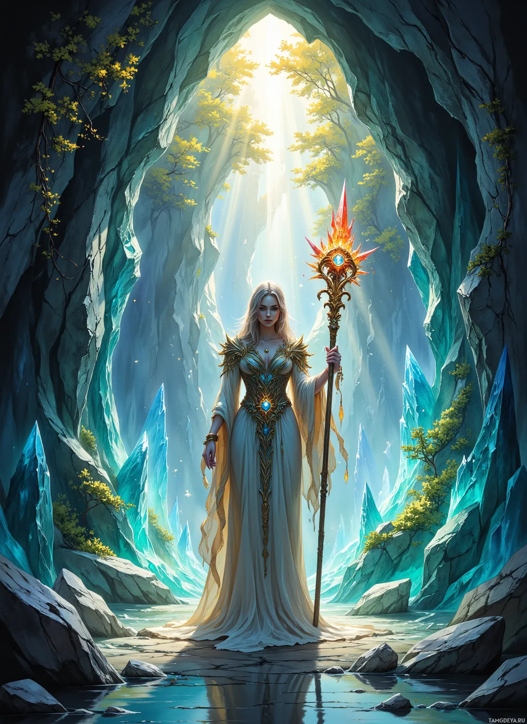 A regal figure stands in a cave, holding a glowing staff, surrounded by ethereal light and vibrant foliage.