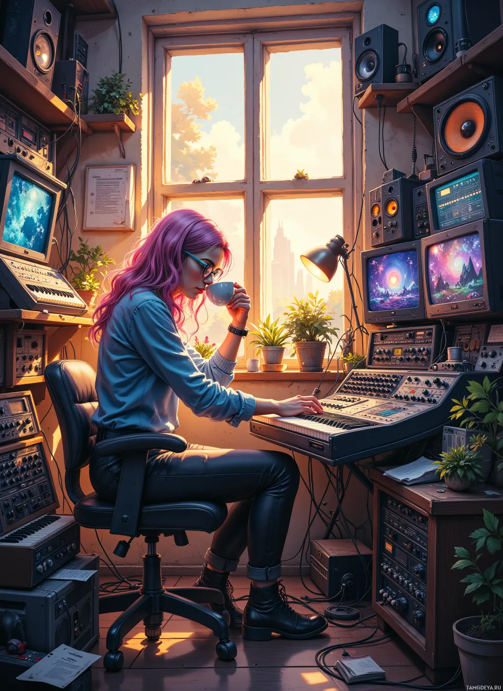 A person with pink hair sits at a music production desk, surrounded by equipment and plants, sipping from a cup.