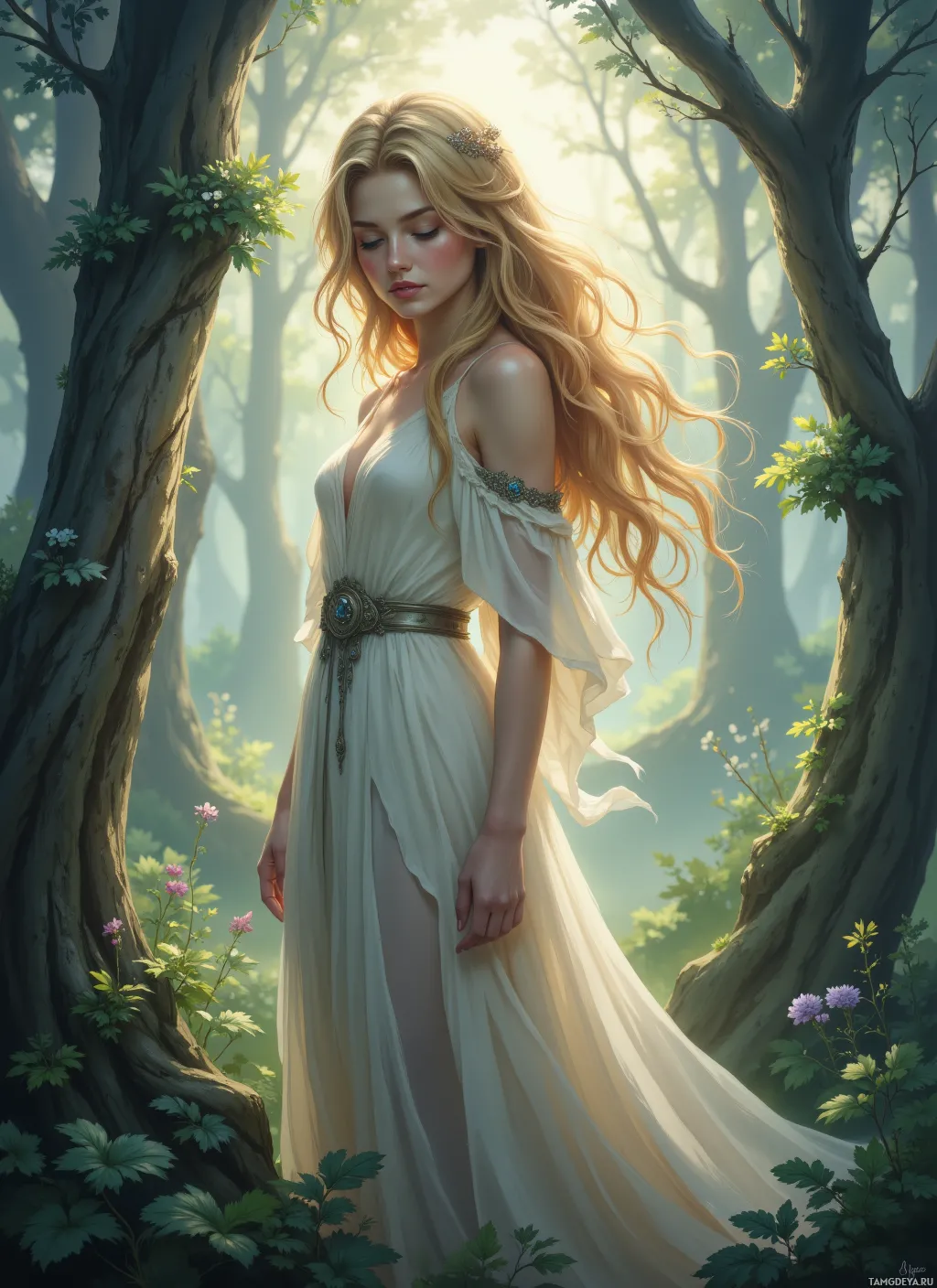 A woman in a flowing white dress stands in a forest, surrounded by sunlight and greenery.