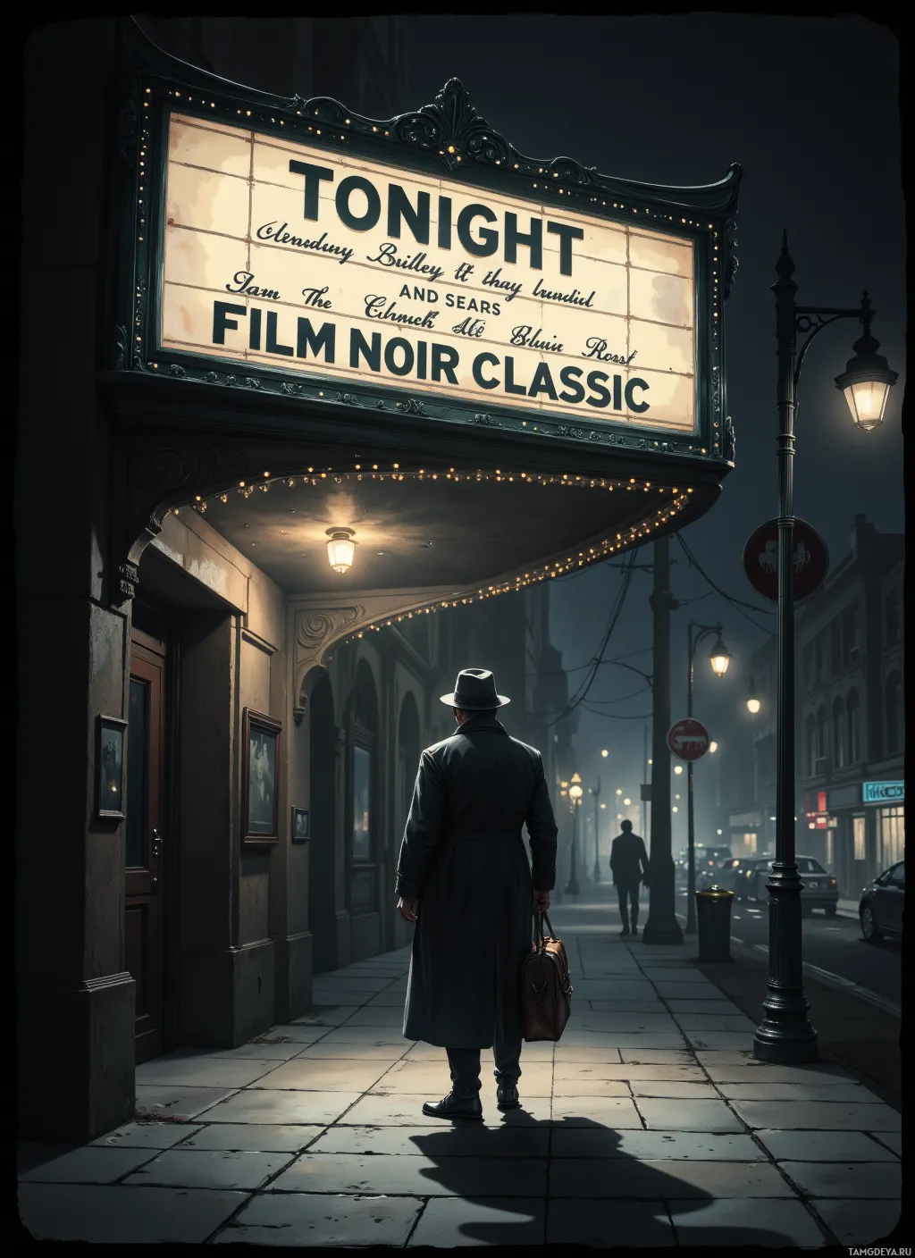 A man in a trench coat and hat stands outside a theater under a marquee sign reading "TONIGHT FILM NOIR CLASSIC.