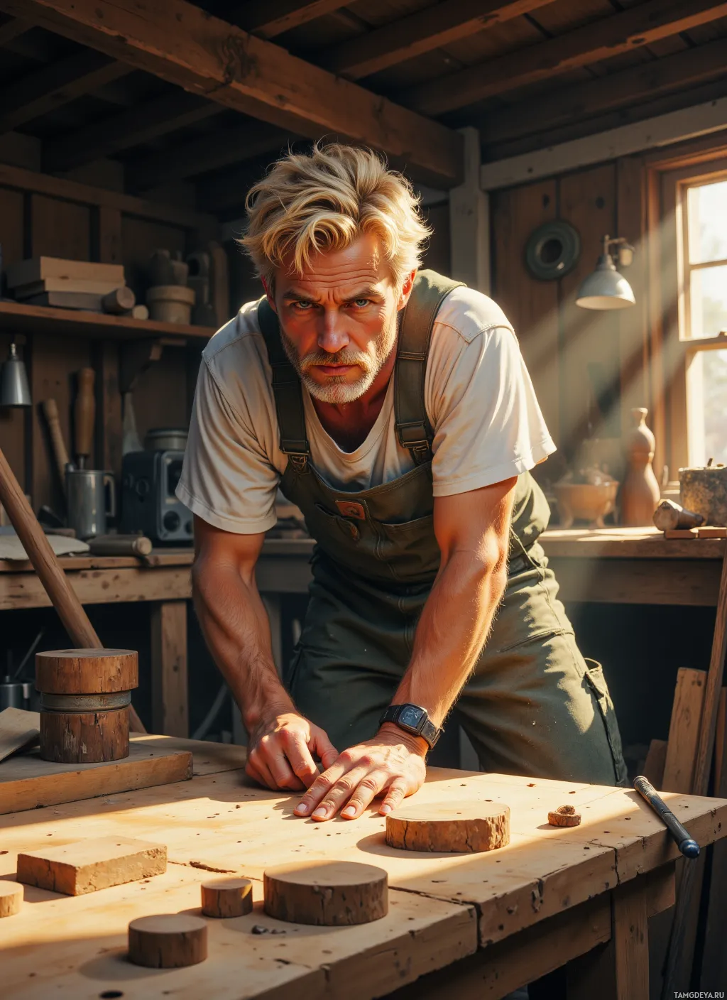 A man in a workshop wearing overalls, leaning over a workbench with wood pieces.