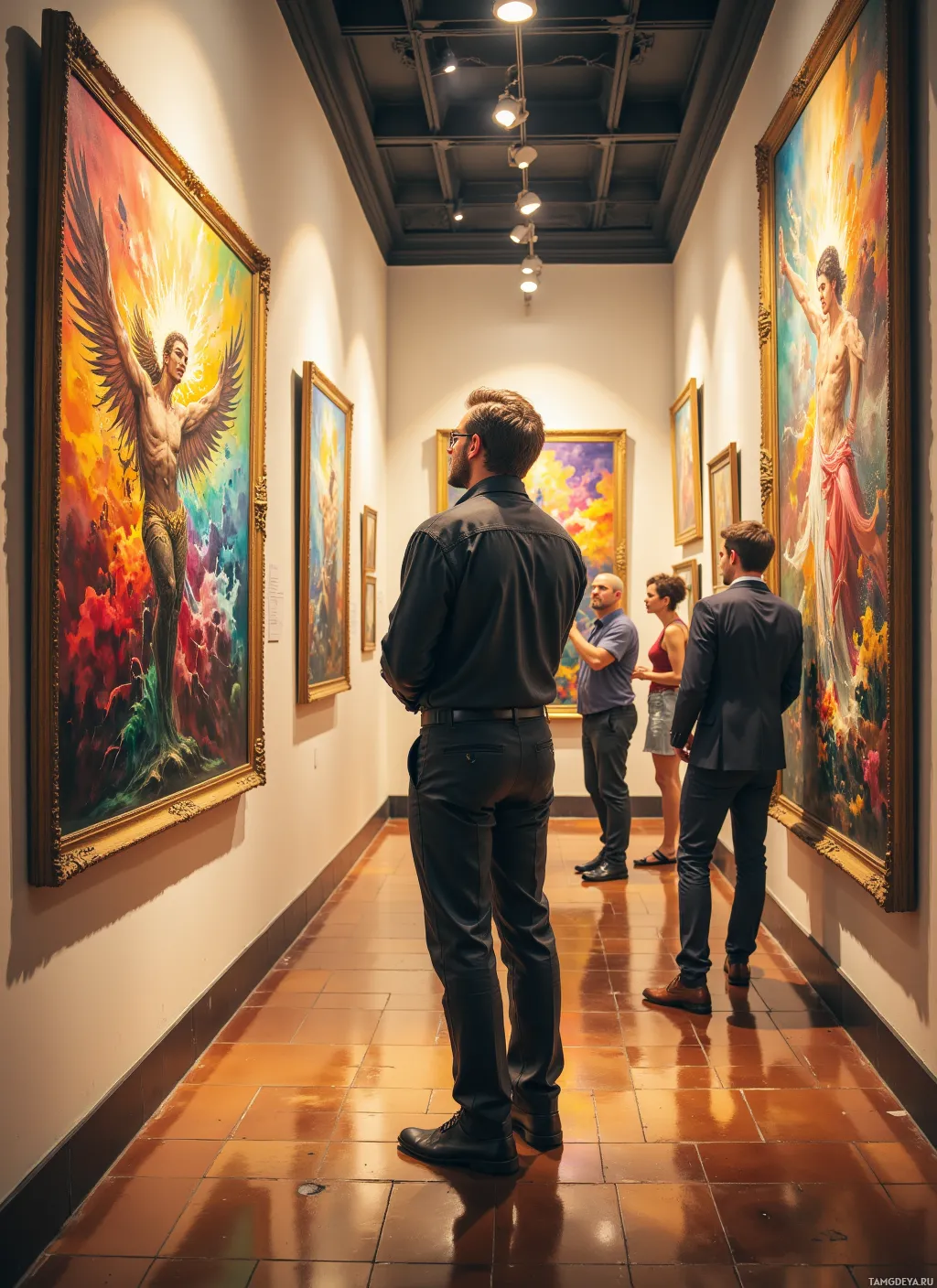 Visitors admire vibrant paintings in a gallery.