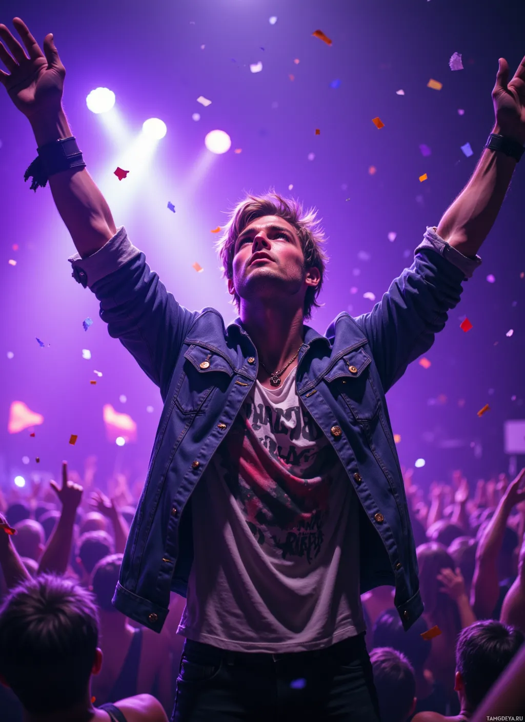 A person raises their arms in a lively concert setting with confetti falling around.