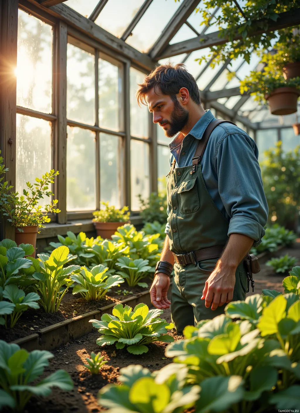A man in a greenhouse surrounded by lush green plants.