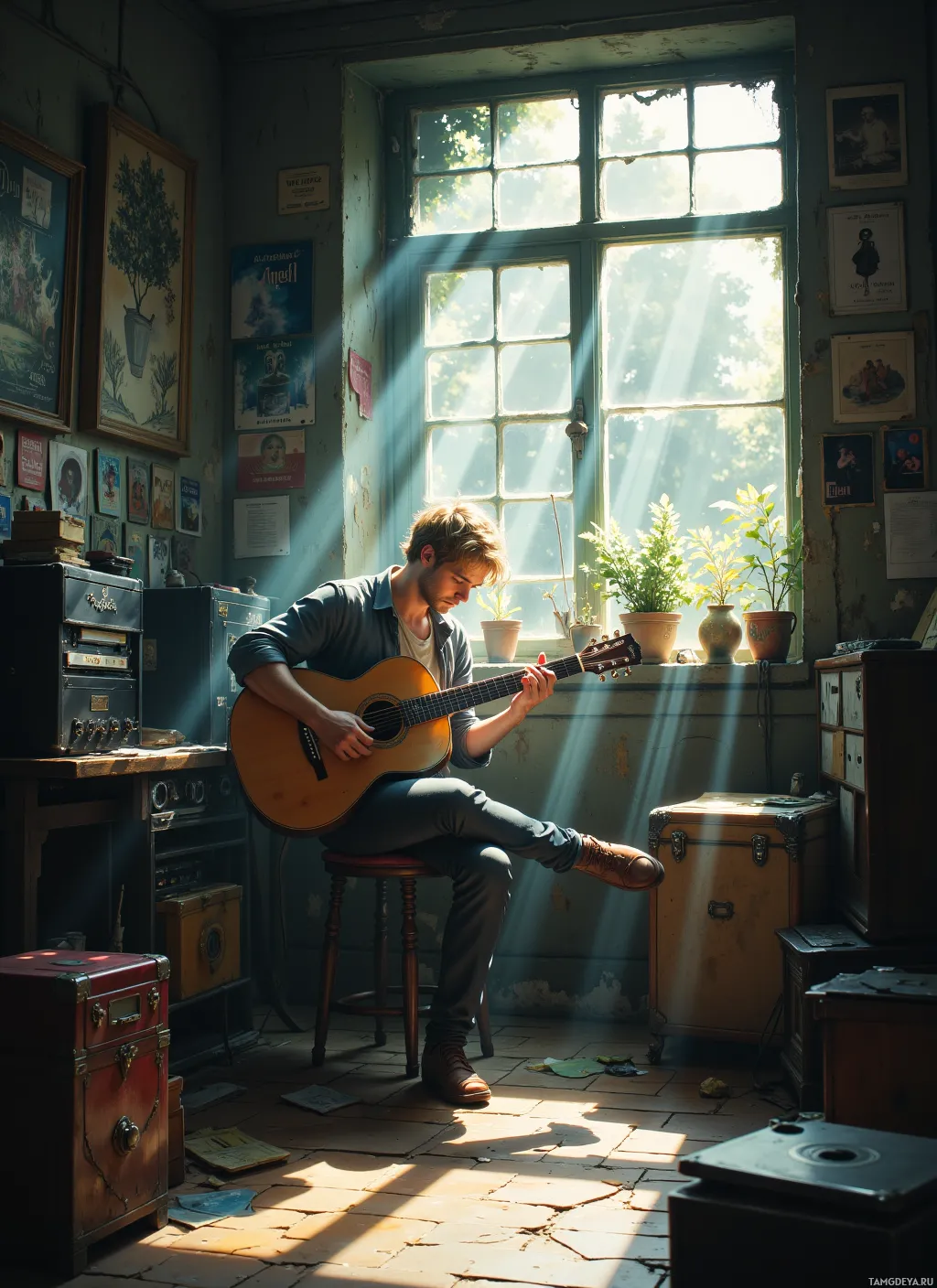 A man sits in a sunlit room playing a guitar.