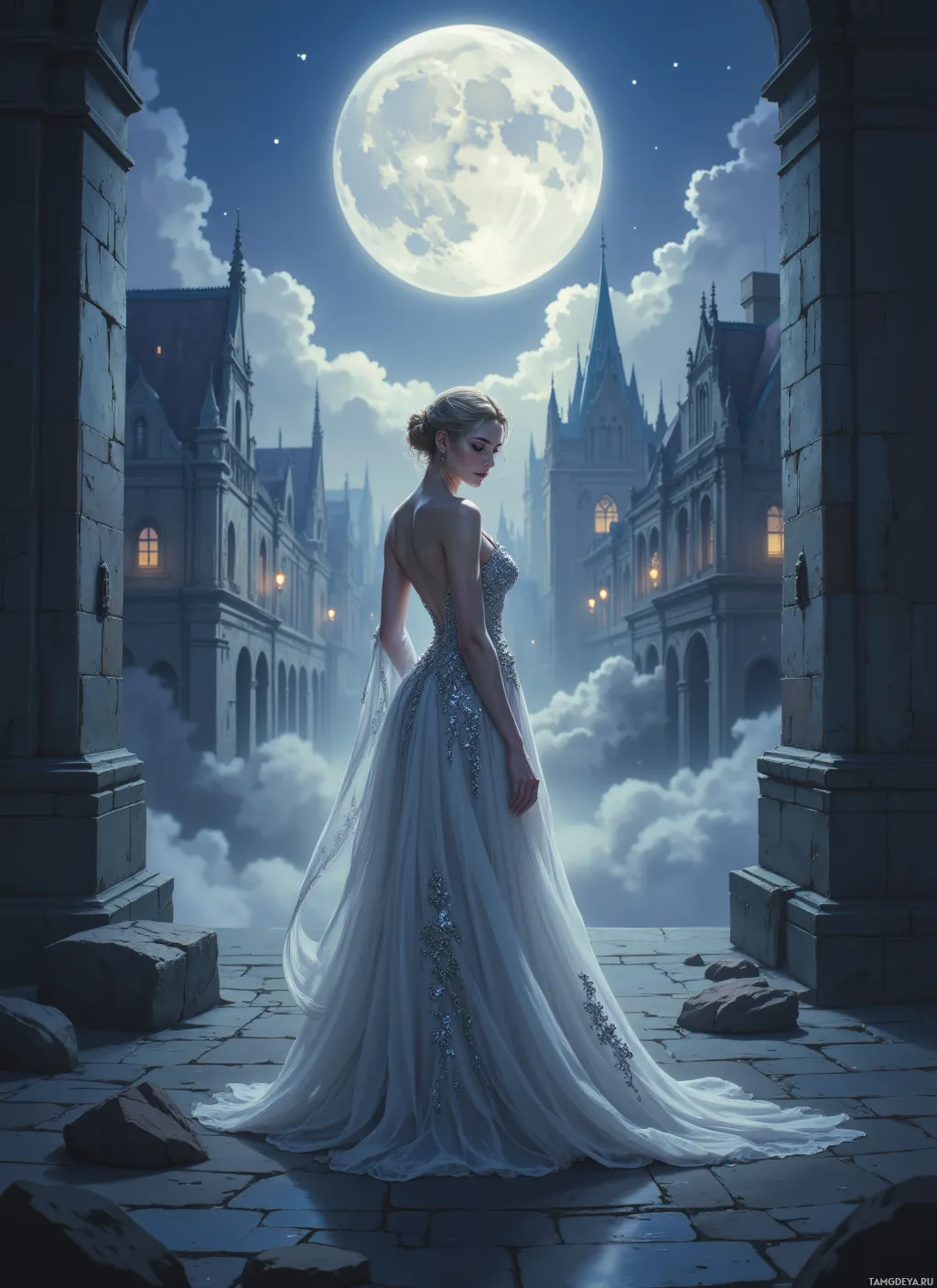 A woman in a white gown stands on a cobblestone path under a full moon, with a grand, gothic-style building in the background.