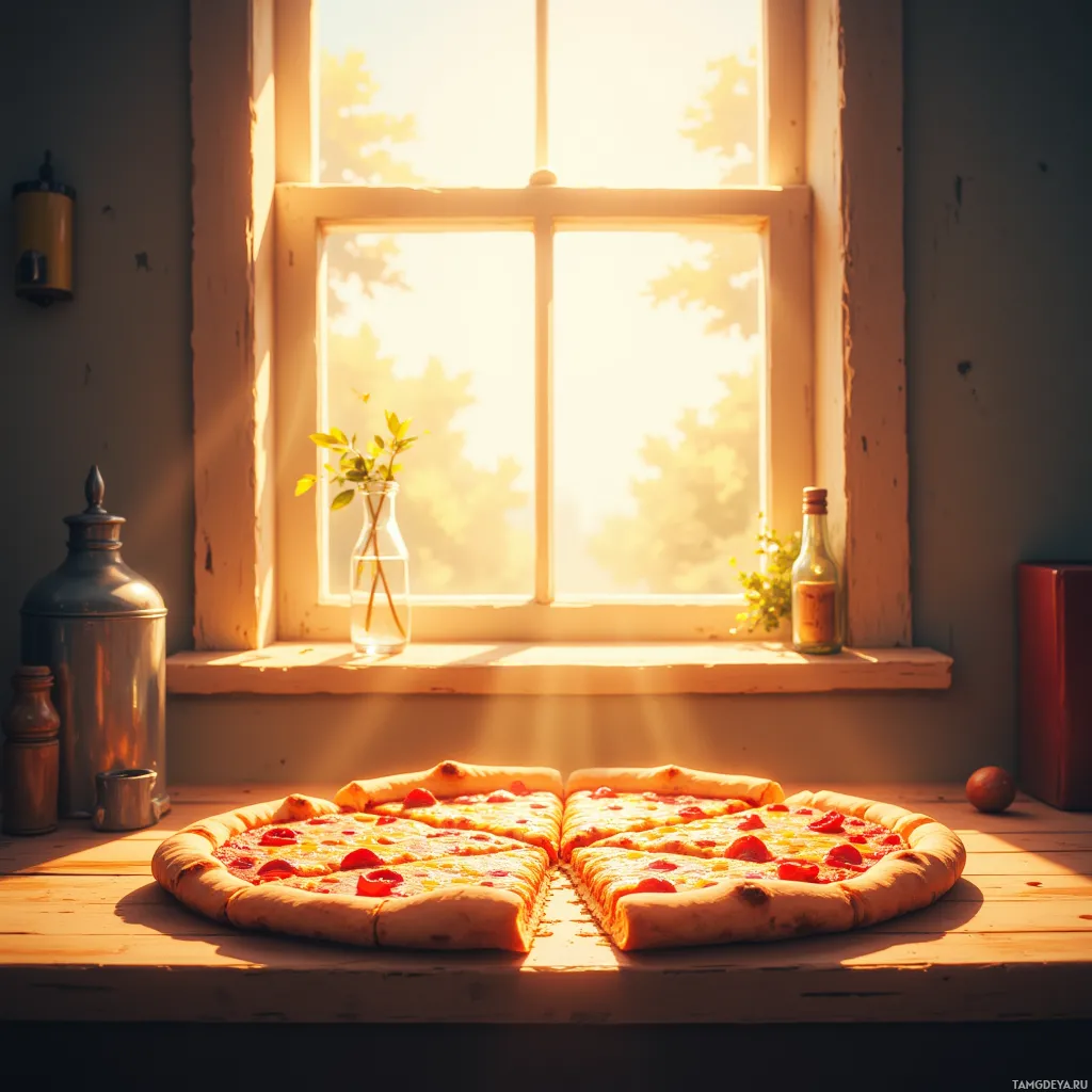 A freshly baked pizza sits on a wooden surface near a bright window, bathed in sunlight.
